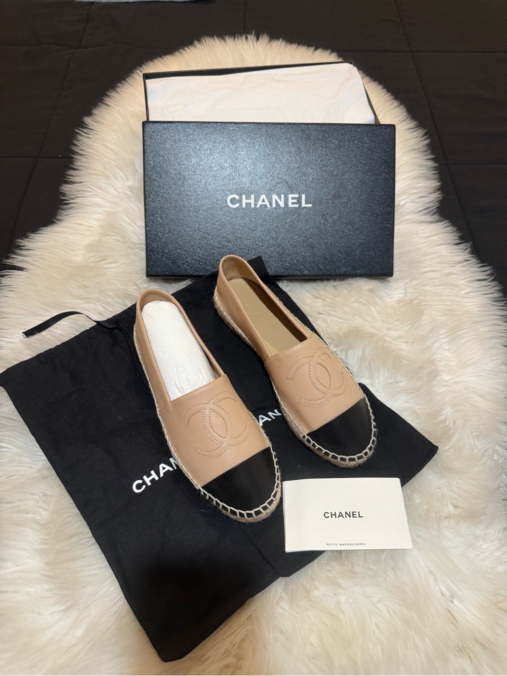 Beige Leather Espadrille Flats with Black Toe Cap